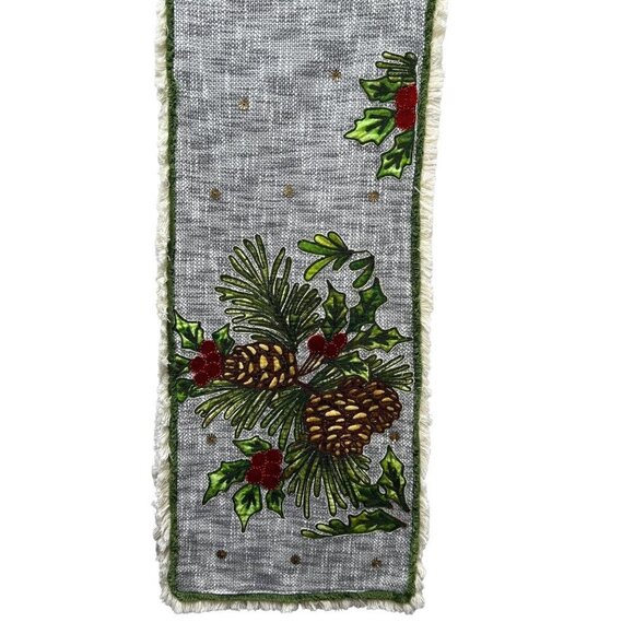 IMPERIAL COLLECTION Holiday Table Runner Pine cones and Holly Cotton Linen 14x68 - Picture 5 of 14